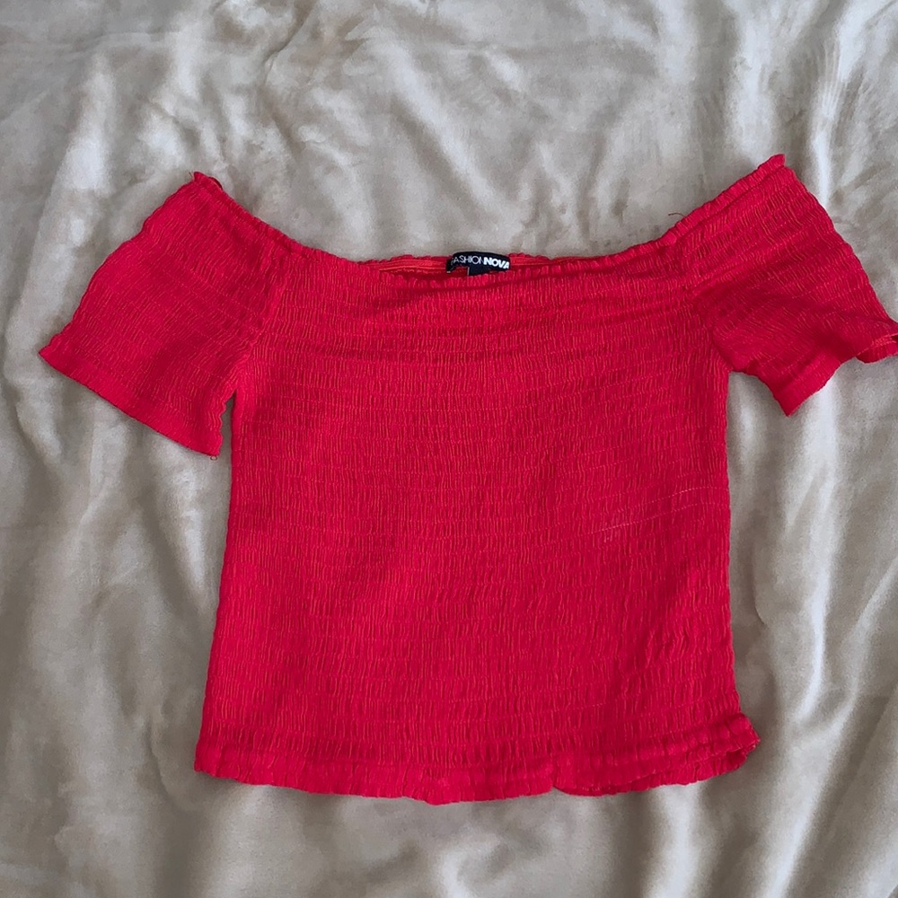 Fashion nova red cropped off the shoulder top with small ruching details